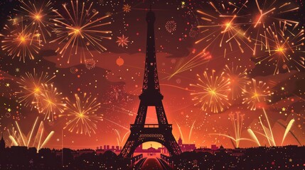 Eiffel Tower silhouette stands tall against a dazzling display of firework casting a festive glow on Bastille Days night sky
