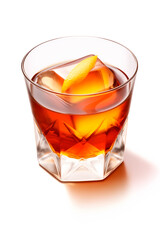 Refreshing Bourbon Manhattan cocktail with vermouth and maraschino cherry garnish isolated on white background