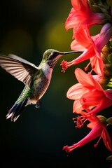 Fototapeta premium Hummingbird feeding on vibrant red flower