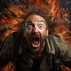 Startled man with wild hair and beard against fiery background