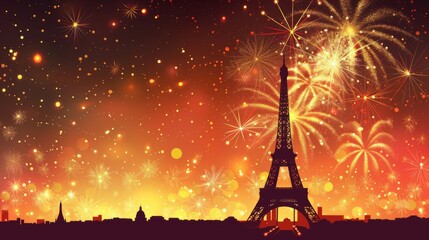Eiffel Tower silhouette stands tall against a dazzling display of firework casting a festive glow on Bastille Days night sky