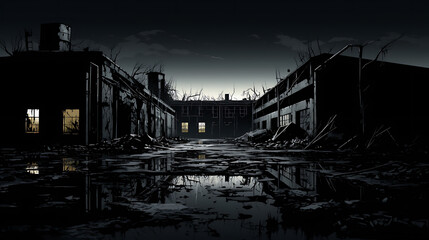 A vector image of an abandoned industrial building.