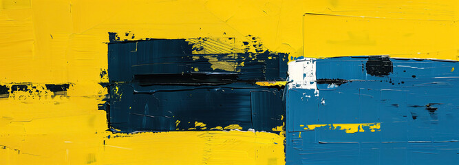 Abstract expression: bold blue brushstrokes on a vivid yellow backdrop. Bold blue strokes across a textured yellow canvas create an abstract scene