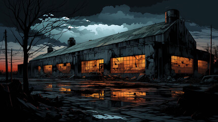 A vector image of an abandoned industrial building.