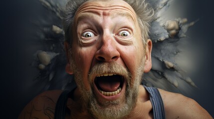 Shocked and surprised elderly man with wild hair and beard