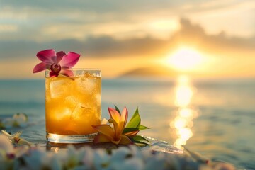 Summery cocktail with vibrant tropical garnishes against a sunlit ocean backdrop creating a relaxed beach party atmosphere