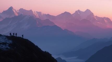 Silhouettes of climbers ascending towards majestic snow-covered mountains bathed in a soft pink sunset glow.