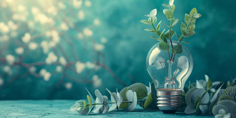 A sustainable growth concept with a plant growing in a light bulb with green branches, decorative backgrounds, delicate paper cutouts, kitchen still life