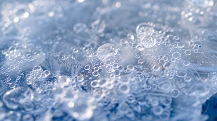 Fototapeta premium Stunning macro view capturing the ethereal beauty of tiny ice bubbles trapped in frozen water, highlighted by delicate ice crystals.