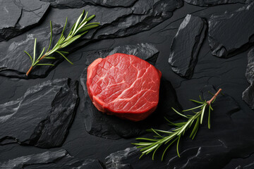 A raw beef steak, seasoned with herb, on charcoal, captured in a flat lay, hyper realism and marble aesthetics.