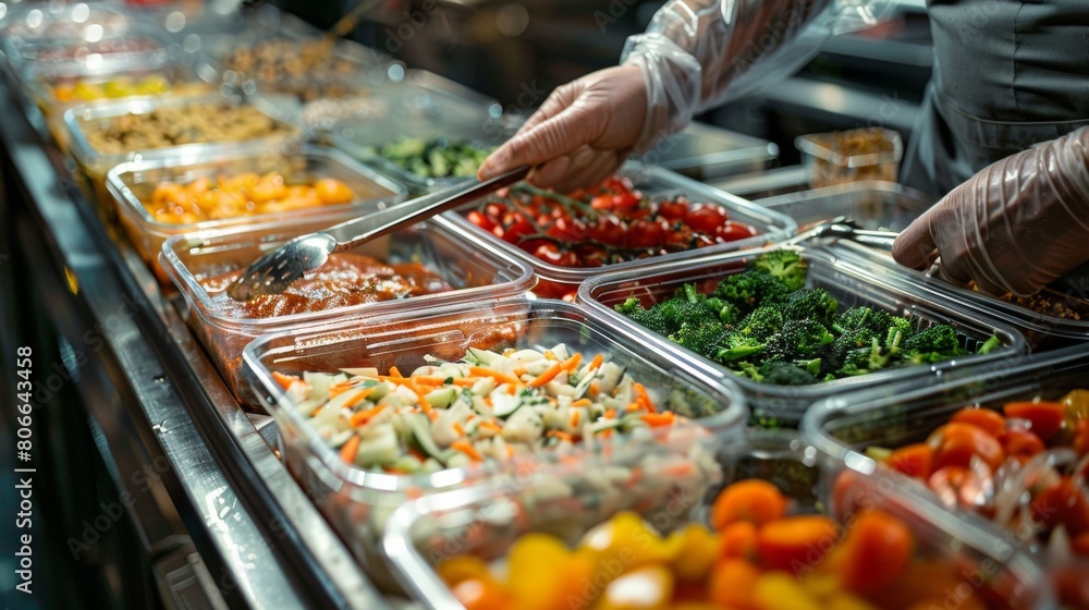 Wall mural worker preparing healthy meals in disposable containers