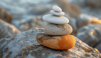 A small pile of rocks, with a white stone balancing on top of them, soft gradients, spiritual meditations, organic form, faded palates