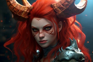Fierce fantasy warrior with horns and red hair - obrazy, fototapety, plakaty