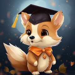 Cute cartoon fox graduate in cap and gown - obrazy, fototapety, plakaty