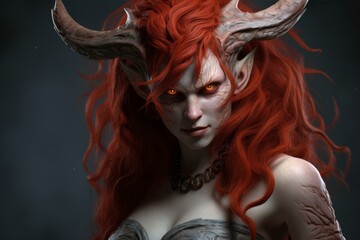 Fierce demonic female character with horns and fiery red hair - obrazy, fototapety, plakaty