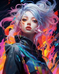 Vibrant abstract portrait of a woman with colorful hair - obrazy, fototapety, plakaty