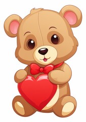 cute teddy bear holding red heart - obrazy, fototapety, plakaty