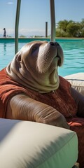 Relaxed walrus enjoying poolside view - obrazy, fototapety, plakaty