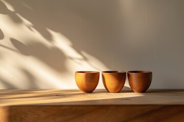 Three wooden cups are standing on a wooden table, minimalistic abstractions, terracotta aesthetics, rim light, tabletop photography, and spherical sculptures.