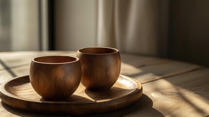 Wooden cups are placed on a wooden platter, minimal abstraction, warm tones, rim light, and a matte background.