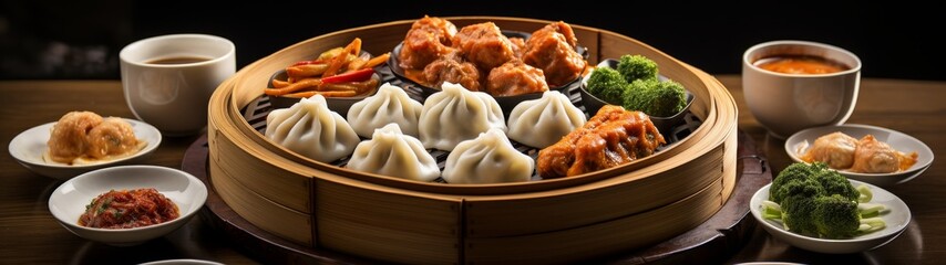 Delicious Chinese cuisine with dumplings, meat dishes, and vegetables - obrazy, fototapety, plakaty