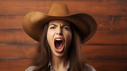 Angry cowgirl shouting in front of wooden wall - obrazy, fototapety, plakaty