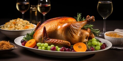 Delicious roasted turkey with side dishes and wine - obrazy, fototapety, plakaty