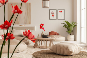 Zen modern home decor living room composition in clean colors. Interior design room composition with window natural light.