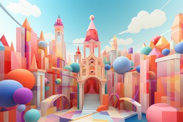 Whimsical fantasy city landscape with colorful architecture and floating spheres - obrazy, fototapety, plakaty