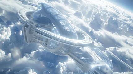 A magnificent view of a futuristic space station floating high above the earth's cloud cover, bathed in sunlight.