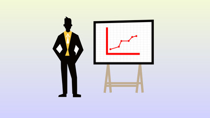 Businessman standing next to graph icon board on a white background.