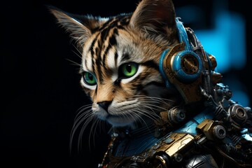 cyberpunk cat with futuristic headset - obrazy, fototapety, plakaty