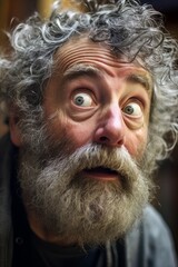 Surprised elderly man with curly gray hair and beard - obrazy, fototapety, plakaty