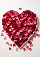 heart-shaped arrangement of red roses and petals - obrazy, fototapety, plakaty