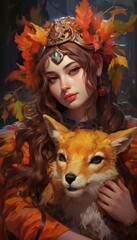 Autumn spirit with fox companion - obrazy, fototapety, plakaty
