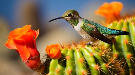 Hummingbird perched on cactus flower - obrazy, fototapety, plakaty