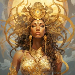 Powerful female warrior in golden armor and headdress - obrazy, fototapety, plakaty