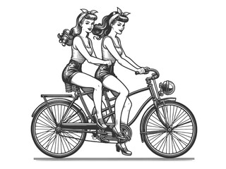 twin vintage pin-up girls riding tandem bicycle, matching outfits and hairstyles sketch engraving generative ai fictional character raster illustration. Scratch board imitation. Black and white image