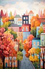 Vibrant autumn cityscape with colorful buildings and trees - obrazy, fototapety, plakaty