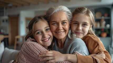 Obraz premium Mother's Day celebration moment, natural family, three generations together, young mothers deeply embrace their lovely children, full of laughter and smiles, warm family intimate interaction in a rela