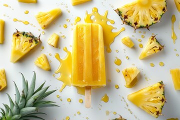 Pineapple popsicle and pieces of pineapple with splash of juice on white background, summer vacation dessert - Powered by Adobe