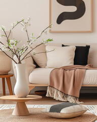 Zen modern home decor living room composition in clean colors. Interior design room composition with window natural light.