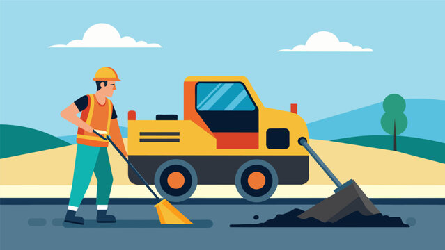 The operator of the asphalt paver carefully maneuvers the large vehicle down the road expertly smoothing out the hot mixture of tar and gravel with. Vector illustration
