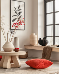 Zen modern home decor living room composition in clean colors. Interior design room composition with window natural light.
