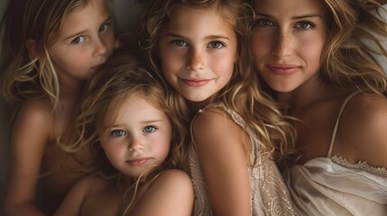 Obraz premium Mother's Day celebration moment, natural family, three generations together, young mothers deeply embrace their lovely children, full of laughter and smiles, warm family intimate interaction in a rela