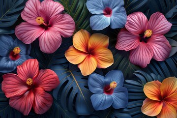A vibrant and detailed image of various hibiscus flowers set against a backdrop of lush tropical leaves