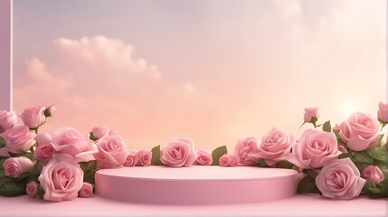  Podium background flower rose product pink, 3d spring table beauty stand display, nature white. Garden rose floral summer background podium cosmetic, valentine, Easter, field scene gift purple day 