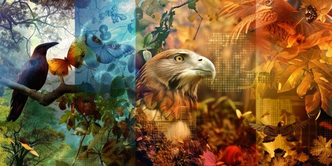 Surreal digital painting of a toucan and an eagle in a lush jungle with vibrant colors and a dreamlike atmosphere.