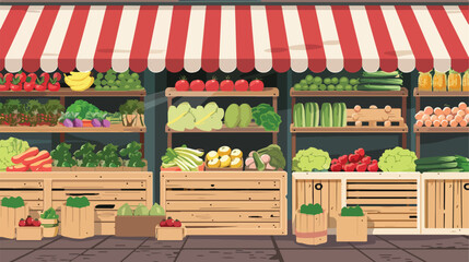 Store with tent and vegetables inside boxes on shelve