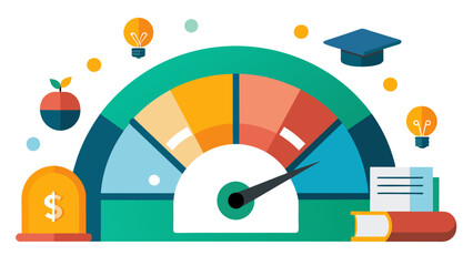 An illustration of a student loan debt meter with a fair practices gauge showing the progress made by education loan advocacy groups in promoting fair. Vector illustration